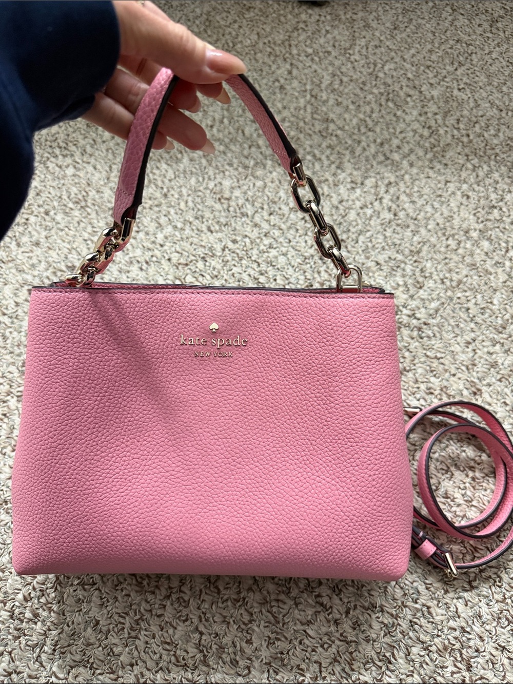 kate spade Pink Pebbled Leather Satchel with Chain-Accent Handle